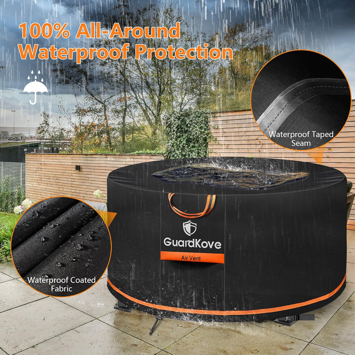 [Upgraded 1000D Heavy Duty Fabric] 48 Inch Fire Pit Cover Round For 46”- 48” Fire Pit/Tables, Waterproof Tear & Fade Resistant Firepit Cover With Buckle, Drawstring, Air Vent (48”D X 24”H, Black)
