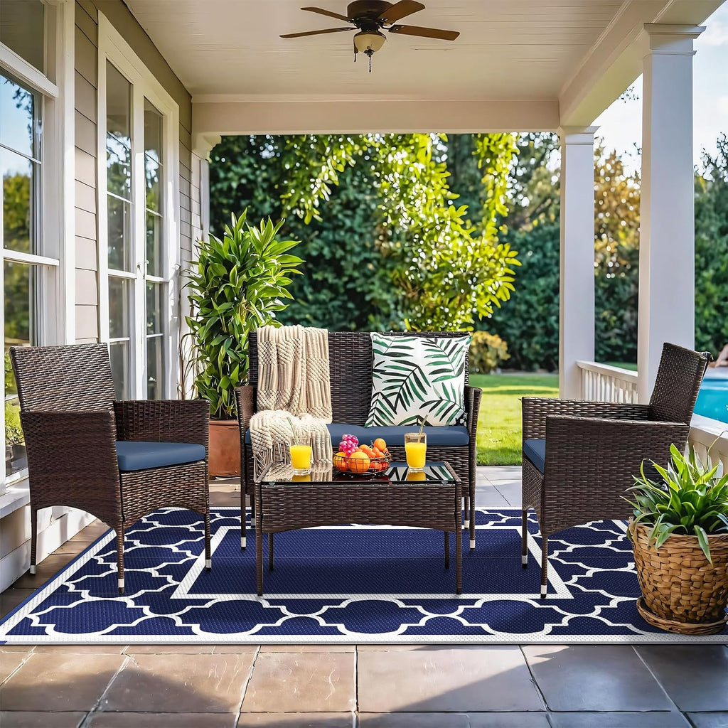 Genimo Outdoor Rug, Waterproof Plastic Rugs For Patio, 5'X8' Blue White | Outside Larger Modern Carpet Mat For Porch Decor, Deck, Balcony, Camping, Rv, Backyard, Picnic, Beach, Reversible, Foldable
