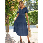 Simplee Womens Summer Denim Dress Casual Short Sleeve V Neck Empire Waist Boho Flowy Western Jean Maxi Dresses With Pockets