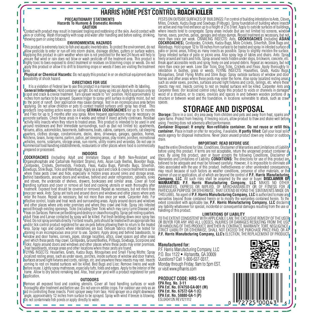 Harris Roach Killer, Liquid Spray With Odorless And Non-Staining 12-Month Extended Residual Kill Formula (Gallon)