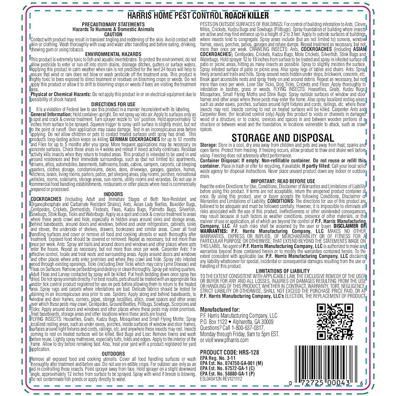Harris Roach Killer, Liquid Spray With Odorless And Non-Staining 12-Month Extended Residual Kill Formula (Gallon)