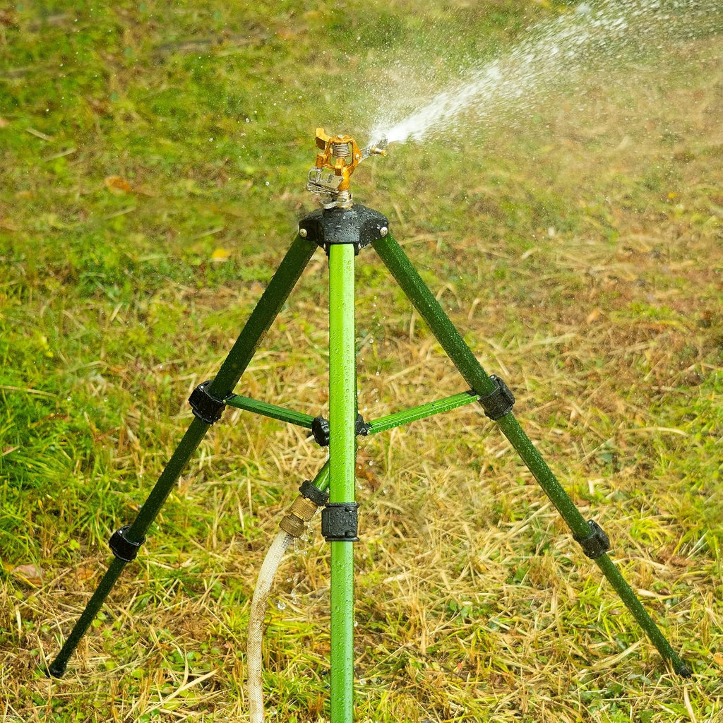 Hourleey Impact Sprinkler On Tripod Base, Heavy Duty Brass Sprinklers For Yard Lawn Garden, 0-360 Degree Large Area Coverage, 3/4 Inch Connector Extension Legs Flip Locks With Brass Sprinkler Head