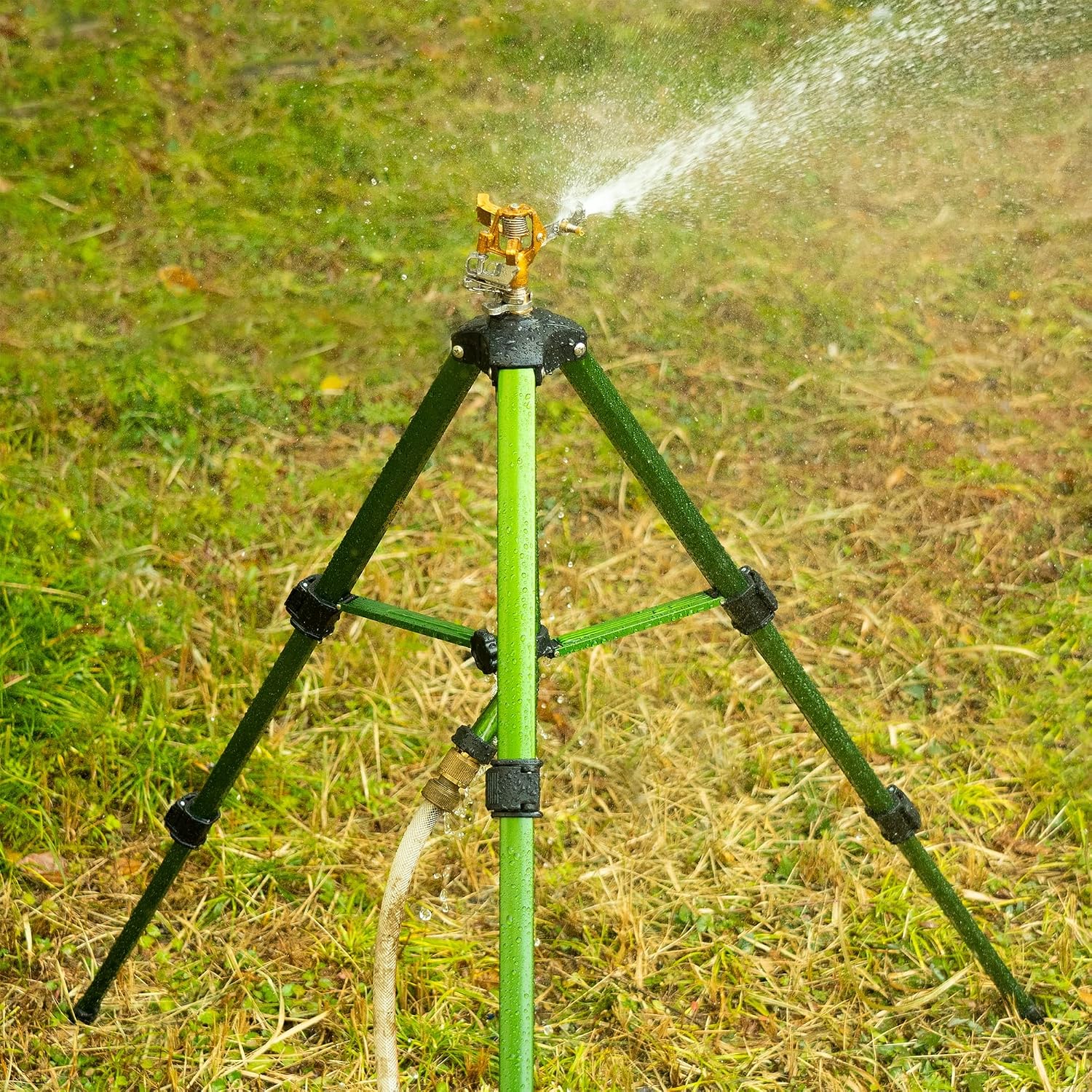 Hourleey Impact Sprinkler On Tripod Base, Heavy Duty Brass Sprinklers For Yard Lawn Garden, 0-360 Degree Large Area Coverage, 3/4 Inch Connector Extension Legs Flip Locks With Brass Sprinkler Head