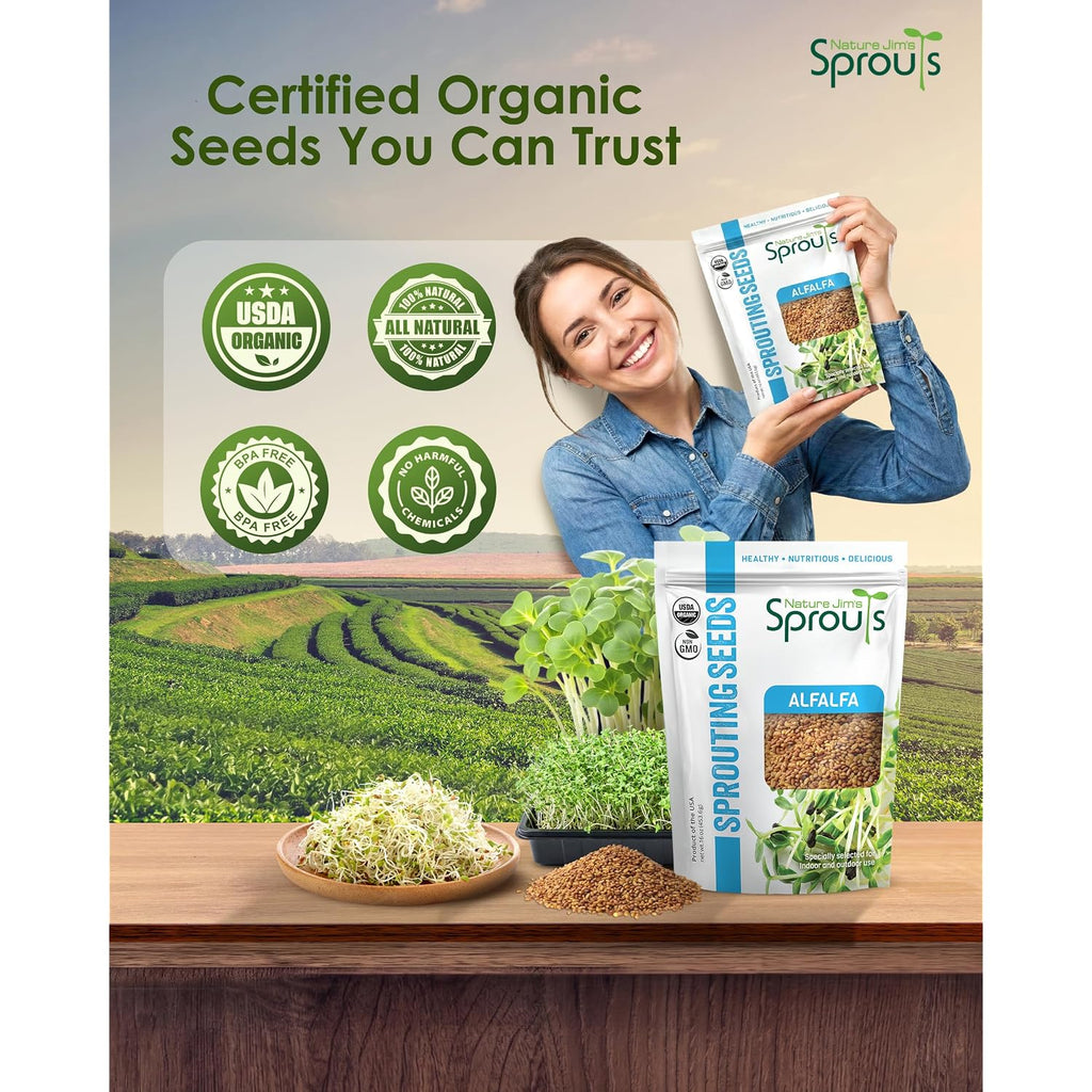 Nature Jim'S Sprouts - Organic Alfalfa Sprouting Seeds – Non-Gmo - 16 Oz | Premium Microgreen Seeds - Fast-Growing Plants - Ideal Sprouting Seeds For Fresh & Nutritious Indoor/Outdoor Home Gardening