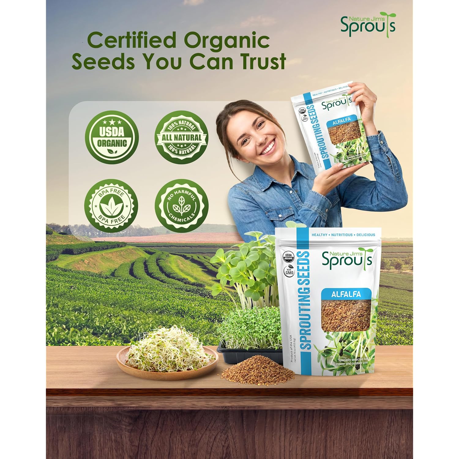 Nature Jim'S Sprouts - Organic Alfalfa Sprouting Seeds – Non-Gmo - 16 Oz | Premium Microgreen Seeds - Fast-Growing Plants - Ideal Sprouting Seeds For Fresh & Nutritious Indoor/Outdoor Home Gardening