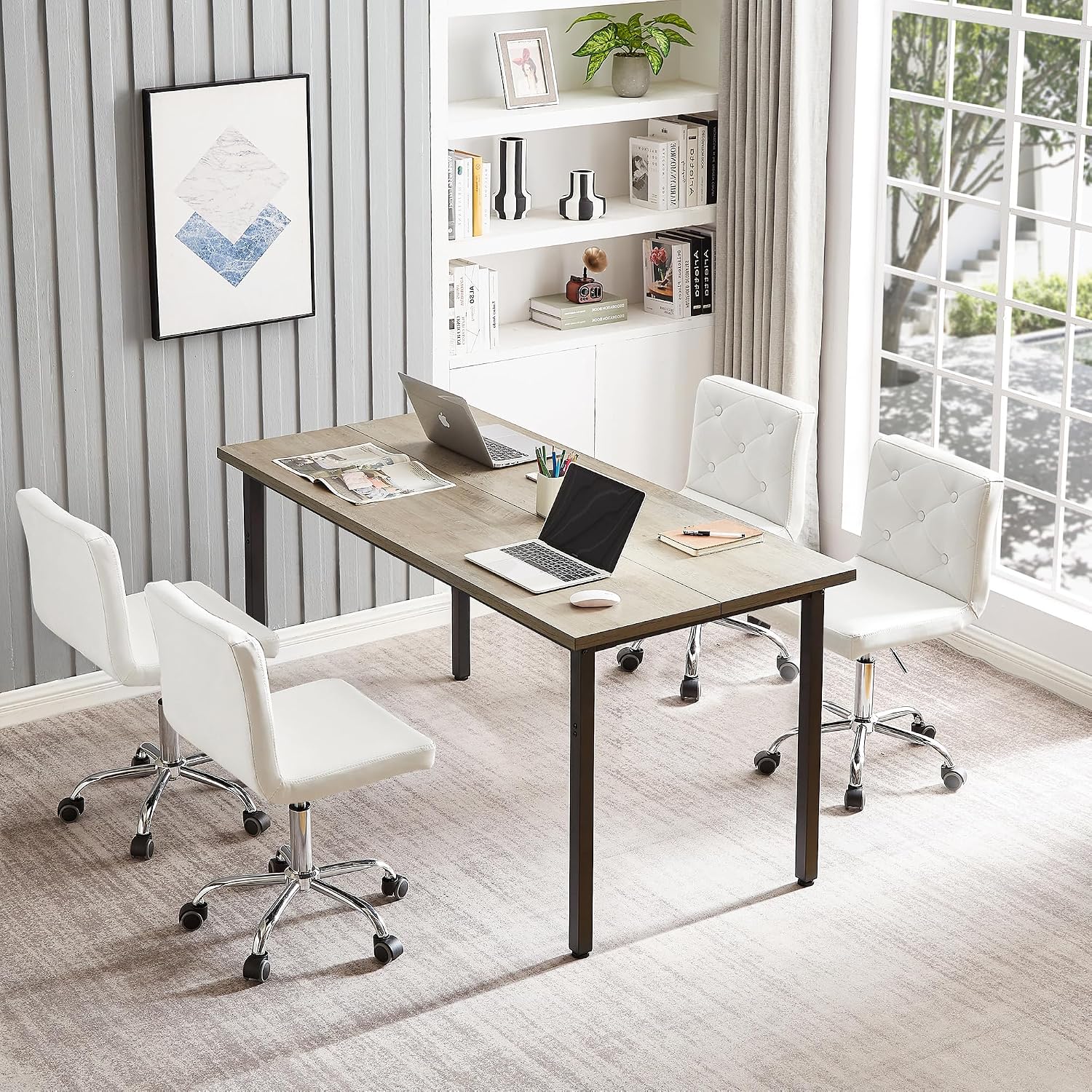 Vecelo Pu Leather Mid-Back Armless Vanity Chair Adjustable Height 360° Rolling Swivel For Home Office Work, White