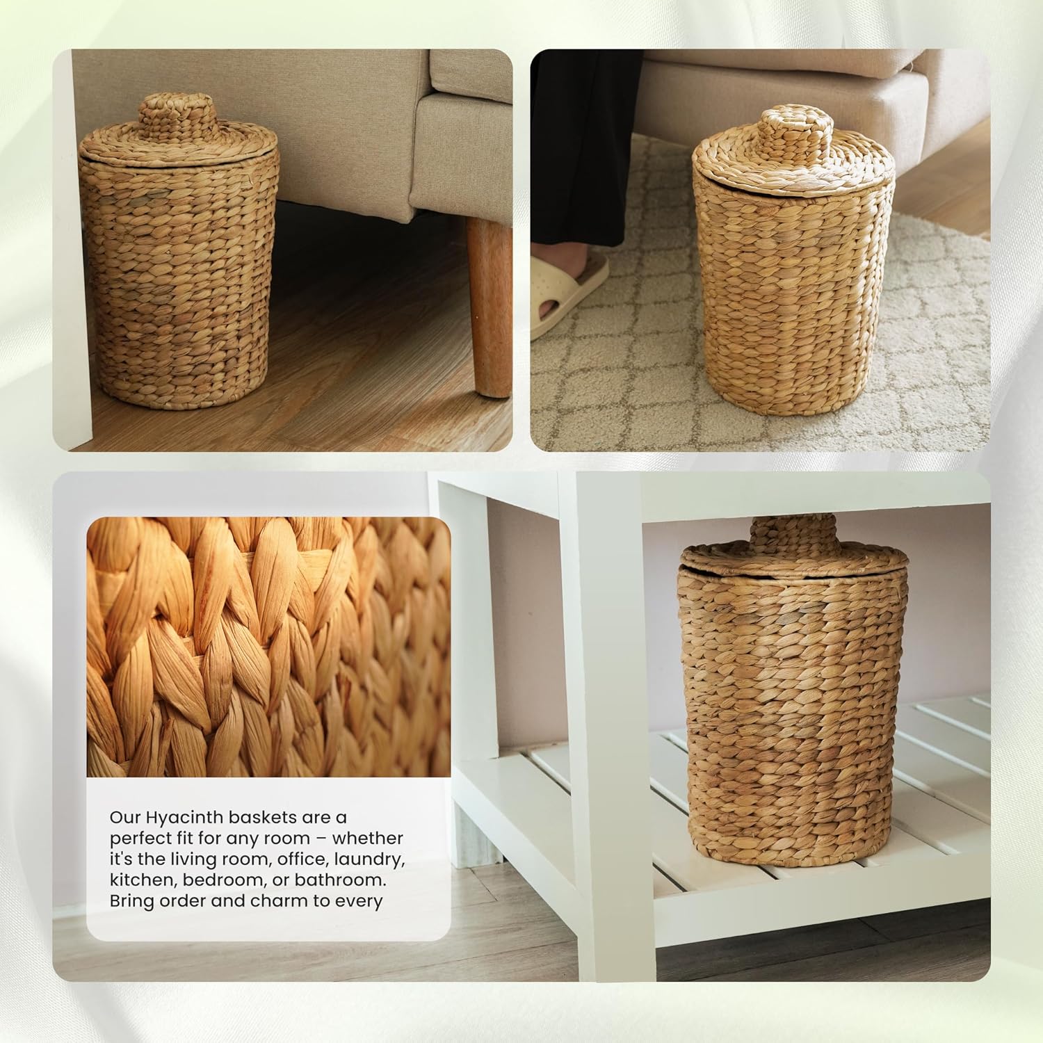 Tidita 2 Gallons Wicker Waste Basket - Water Hyacinth Bathroom Garbage Can With A Lid - Bathroom Trash Can Boho Style - Wicker Trash Can With Lid For Household, Kitchen - Removable Liner, Iron Frame