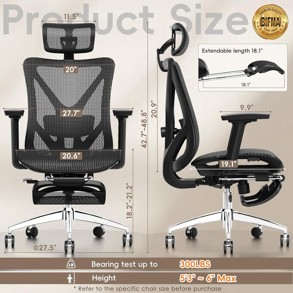 Ergonomic Office Chair With Footrest, 135° Reclining Desk Chair With Adjustable Lumbar Support,3D Armrest,Headrest & Large Steel Base, 300Lbs Heavy Duty Mesh Chair