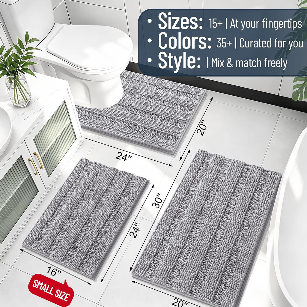 Smiry Thick Chenille Bathroom Rugs 30X20, Soft Absorbent Bath Mat, Grey | Quick‑Dry & Machine Washable, Non‑Slip Bath Carpet, Striped Bath Rugs For Tub & Shower, Modern Home Decor Accessories
