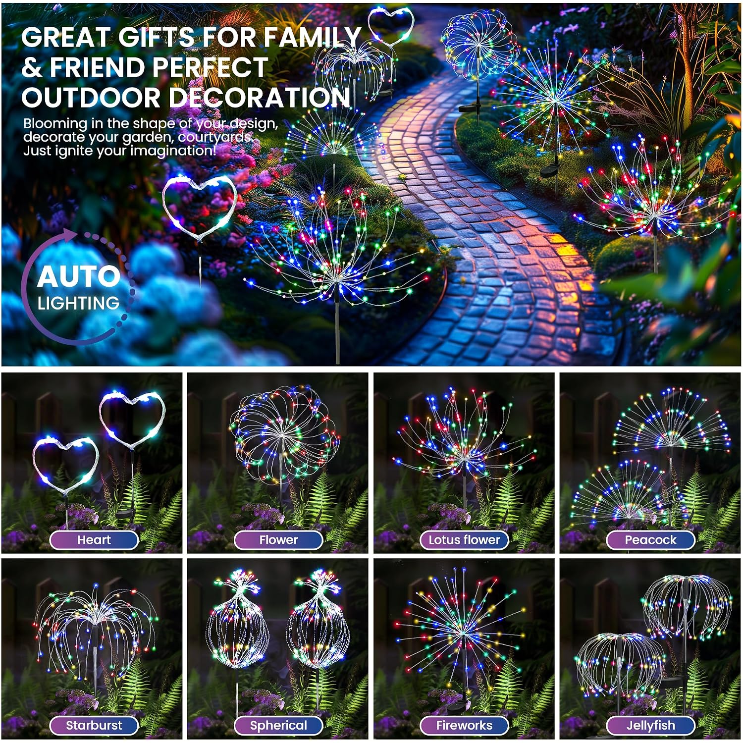 Pevoros Garden Decor Solar Lights Outdoor,120Led Waterproof Colorful Solar Fairy Garden Lights For Outdoor Decoration,Yard, Patio, Porch,Flower Pot,Pathway (2Pack)