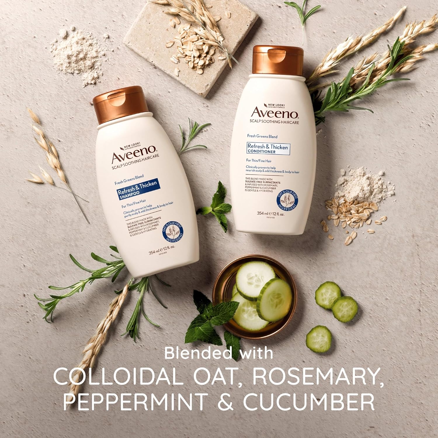 Aveeno, Fresh Greens Blend Sulfate-Free Shampoo with Rosemary, Peppermint & Cucumber to Thicken & Nourish, Clarifying & Volumizing Shampoo for Thin or Fine Hair, Paraben-Free, 12oz