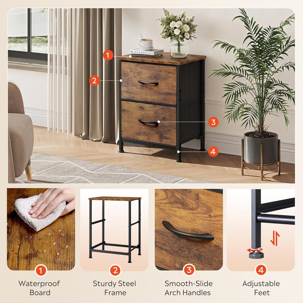 WLIVE Night Stand, Small Dresser with 2 Drawers & Wooden Top, Nightstand with Fabric Bins, Bedside Table End Table for Bedroom, Closet, Entryway, College Dorm, Rustic Brown