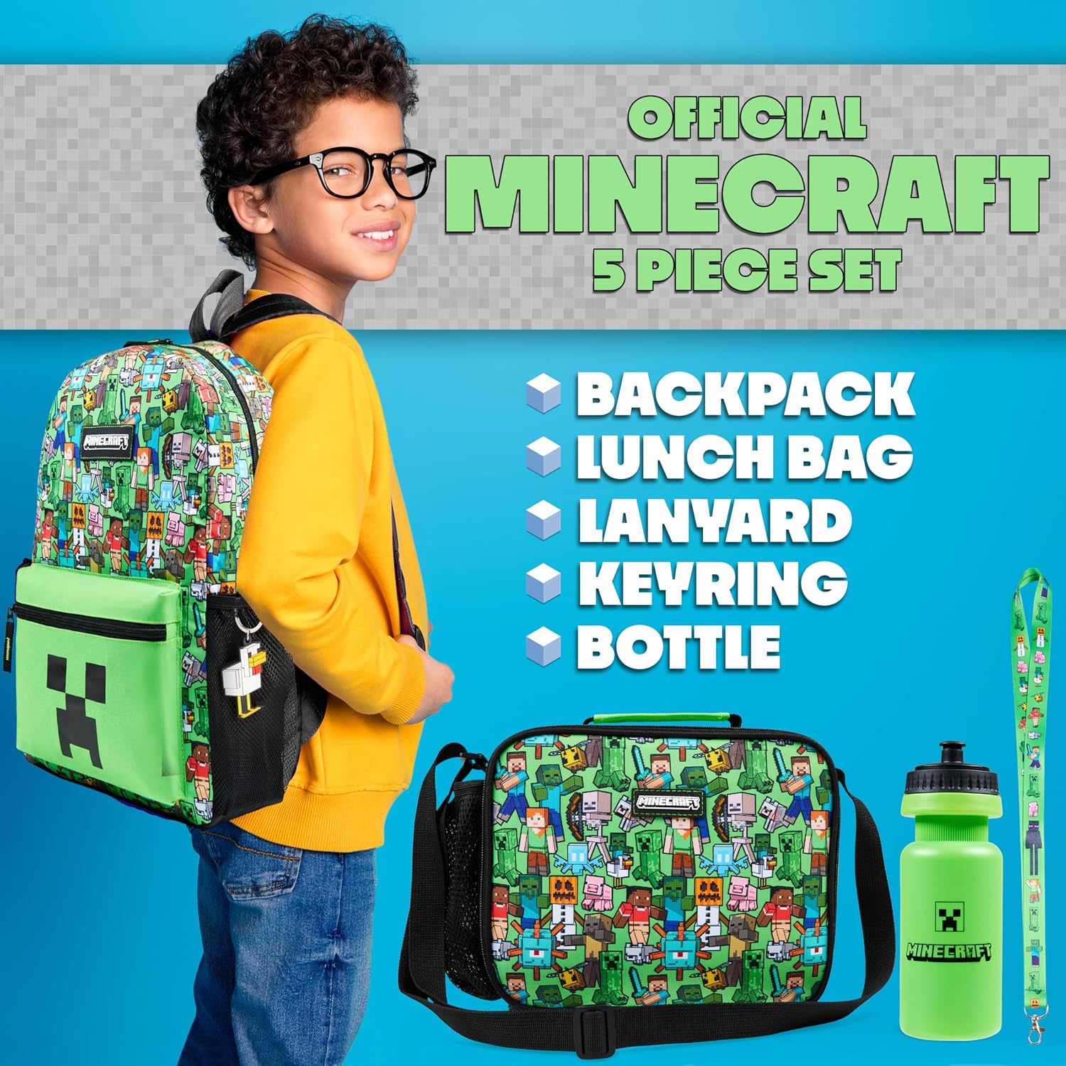 Minecraft Boys Backpack 5 Pc Gift Set, Creeper School Bookbag, Lunch Bag, Water Bottle, Keychain And Lanyard (Green Aop)