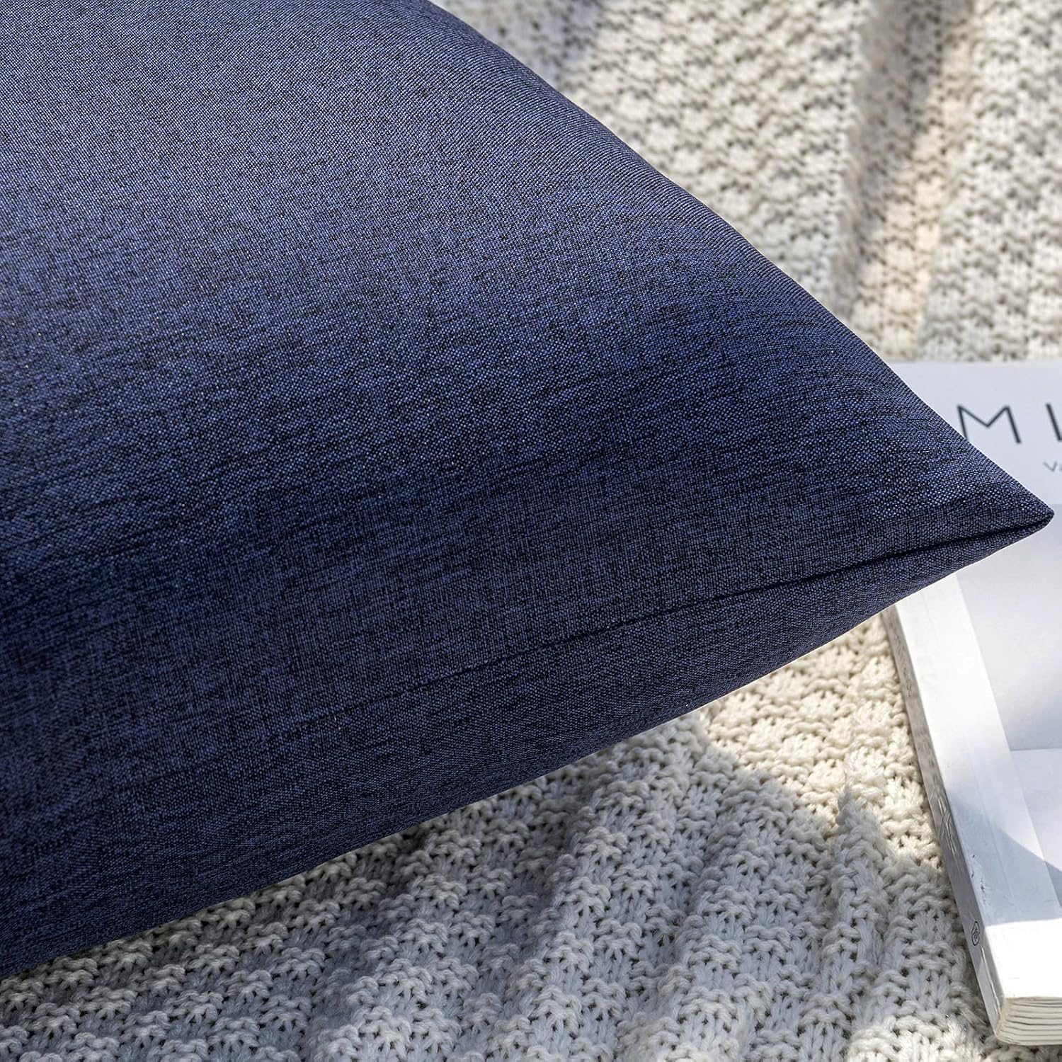 Miulee Pack Of 2 Decorative Outdoor Solid Waterproof Throw Pillow Covers Faux Linen Garden Farmhouse Cushion Cases For Summer Patio Tent Balcony Couch Sofa 18X18 Inch Navy