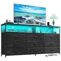 55" W Dresser For Bedroom With 9 Drawers Led Tv Stand With Power Outlets For 45, 55, 65 Inch Tv Sturdy Long Chest Of Drawers With Extra 2 Wooden Shelves Steel Frame Grain Black