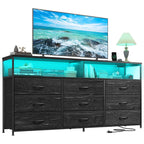 55" W Dresser For Bedroom With 9 Drawers Led Tv Stand With Power Outlets For 45, 55, 65 Inch Tv Sturdy Long Chest Of Drawers With Extra 2 Wooden Shelves Steel Frame Grain Black