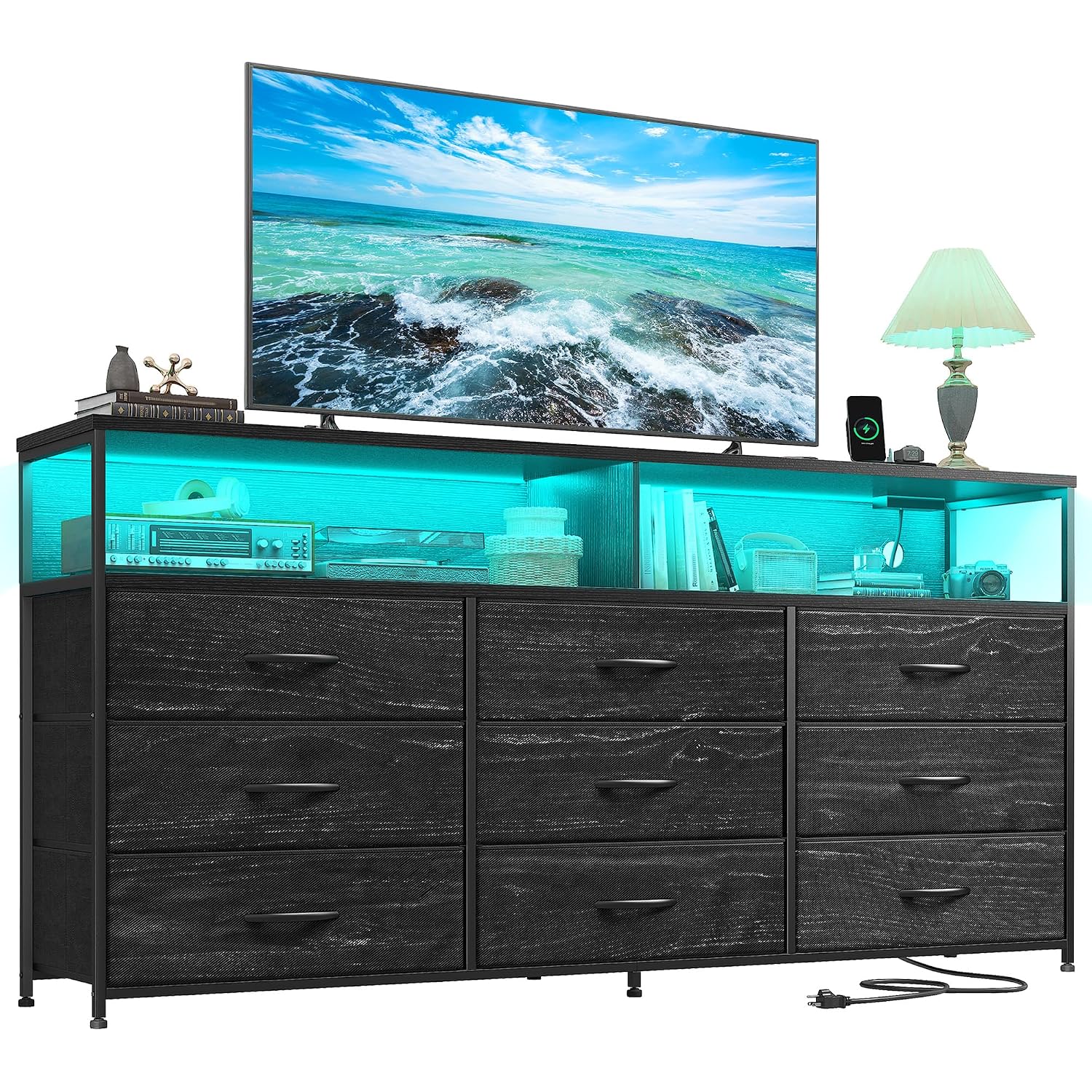 55" W Dresser For Bedroom With 9 Drawers Led Tv Stand With Power Outlets For 45, 55, 65 Inch Tv Sturdy Long Chest Of Drawers With Extra 2 Wooden Shelves Steel Frame Grain Black