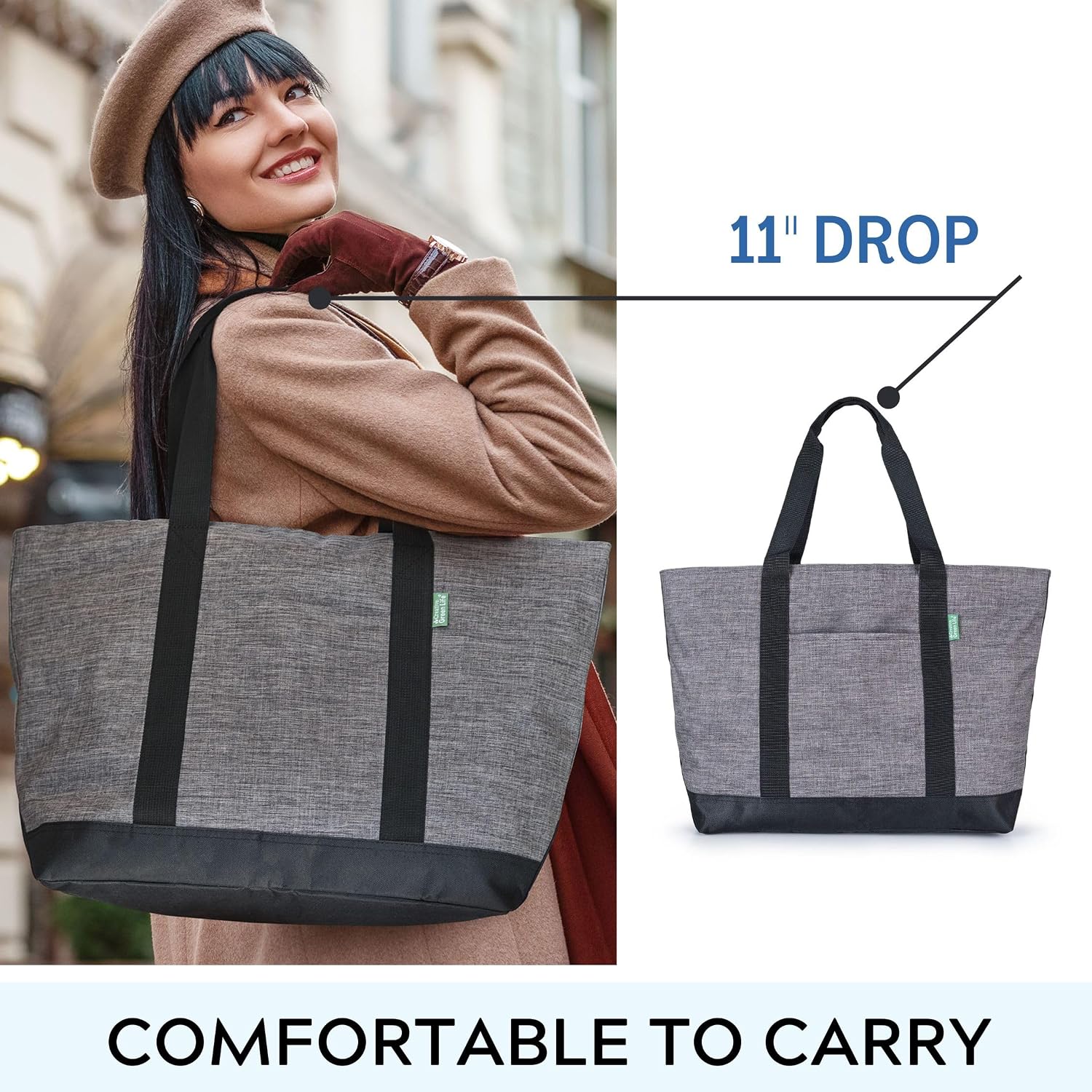Creative Green Life Extra Large Tote Bag, Gray | Canvas Style, Carry-All, Zipper Closure, Fully Lined, For Work, School, Gym, Shopping, Travel, Overnight Bag