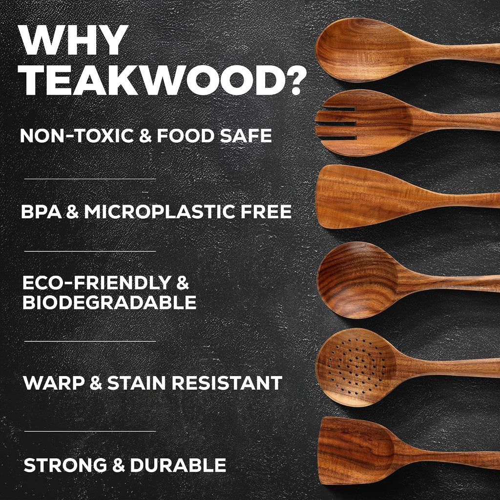 Zulay Kitchen 6 Piece Wooden Spoons For Cooking – Natural Teak Wooden Utensil Set, Easy To Clean, Durable, Smooth With Comfort Grip - Non Toxic Wooden Cooking Utensil Sets