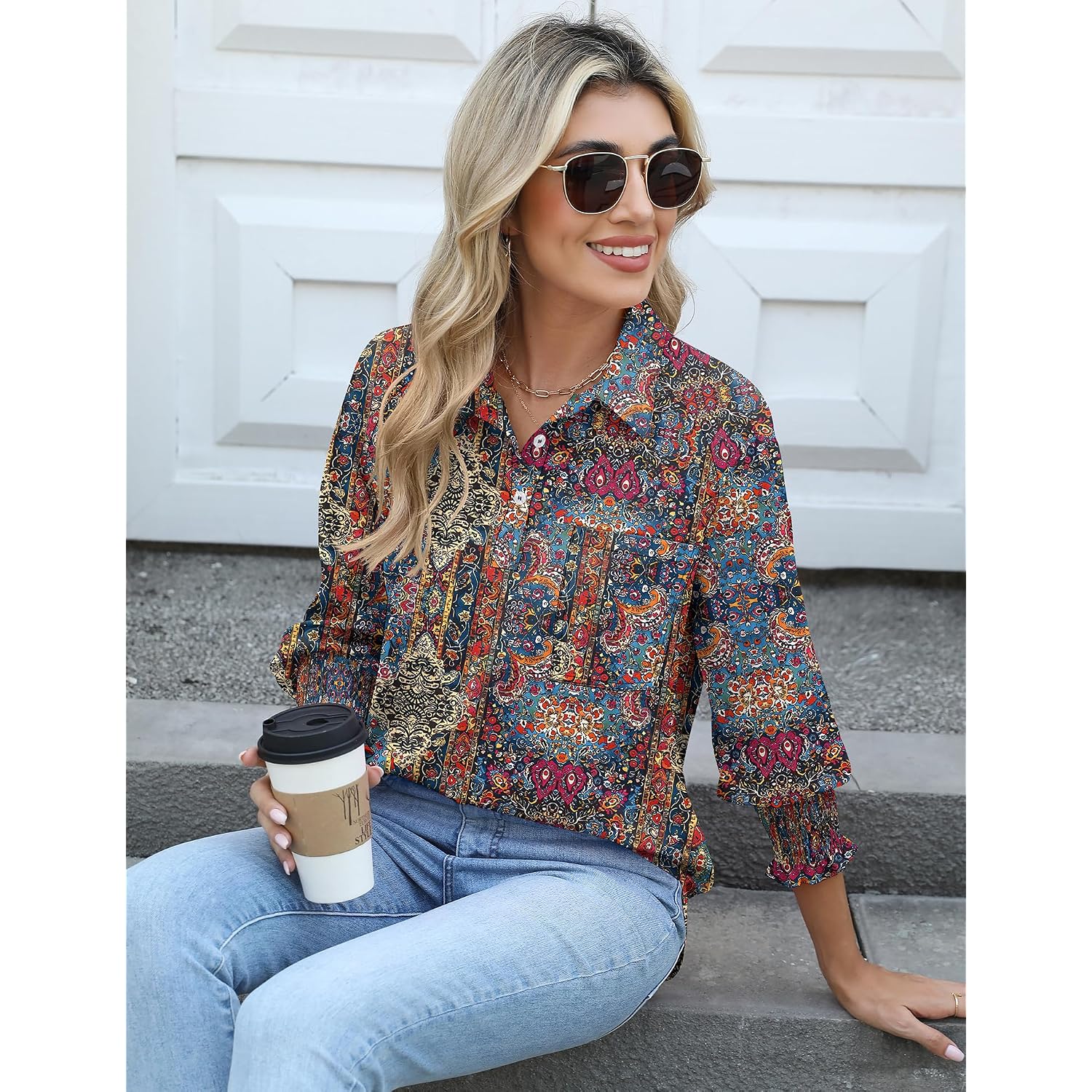 Kistore Women Blouses 3/4 Sleeve Button Down Shirts Smocked Cuffed Business Dressy Casual Tops With Pocket S-Xxl