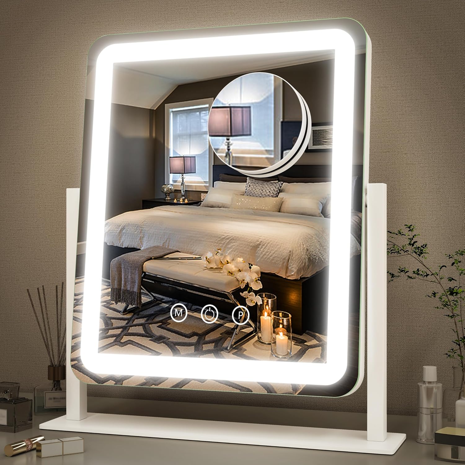 Fennio Vanity Mirror With Lights - 15"X12.6" Led Lighted Makeup Mirror, Large Makeup Mirror With Lights, Touch Screen With 3-Color Lighting, Dimmable, For Vanity Desk Tabletop, Bedroom