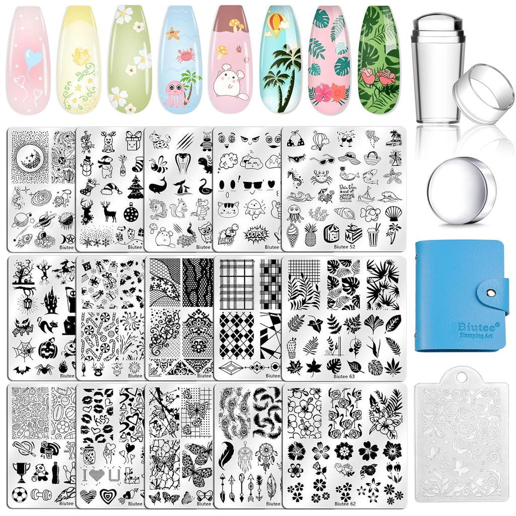 Biutee Nail Stamping Plates Set 15PCS Nail Stamping Kit with Nail Art Stamper & Scraper Nail Stamp Template Kit Lace Flower Butterfly Animal Pattern Nail Art Stencils for Manicure Salon Home DIY