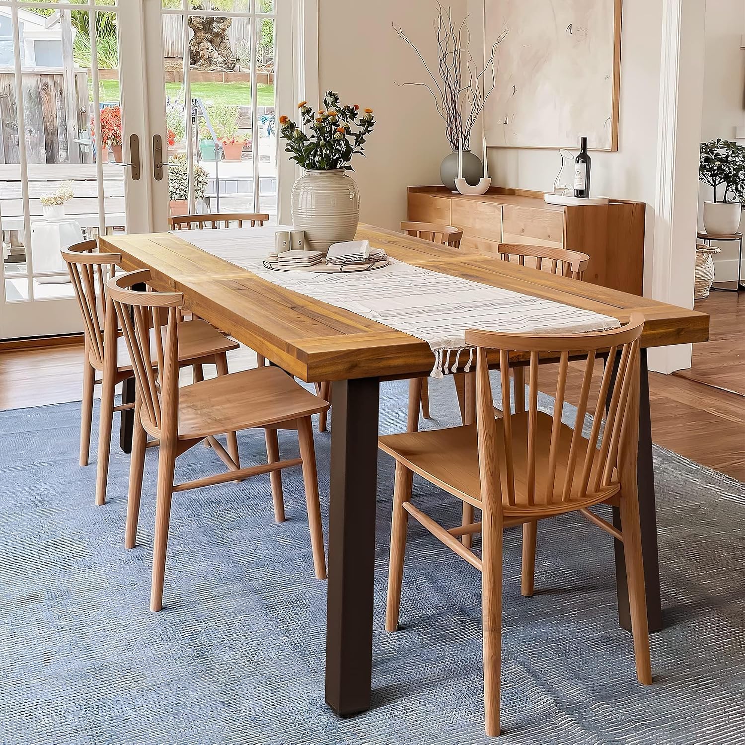 Devoko Home Acacia Wood Dining Table 6-Person Indoor Outdoor Table With Iron Legs, Sandblast Finish, Natural Stained, Rustic Metal, 69 * 33 * 30 Inch (Natural)