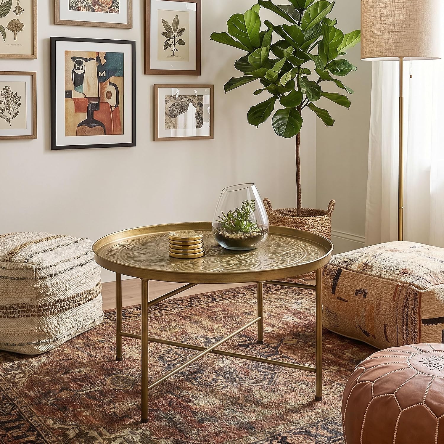 Homcom 24" Round Coffee Table With Hammered Tray Top, Vintage Metal Center Table For Living Room, Bedroom, Side Table, Gold
