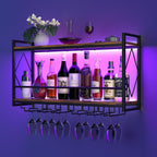 Wall Mounted Wine Rack With Led Light, 31.5" Bar Liquor Shelves With Glass Holder, Metal Hanging Bar Shelves Wine Storage Rack Display For Kitchen Home Bar Dining Room Living Room