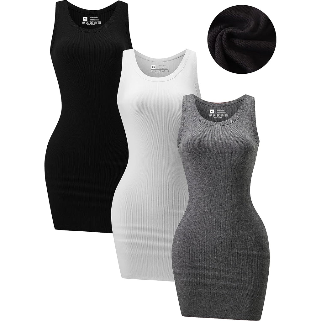 Chongbaijia 3 Pack Summer Dresses For Women 2026 Ribbed Crewneck Tank Top Dress Sleeveless Sundress Basic Bodycon Mini Dress
