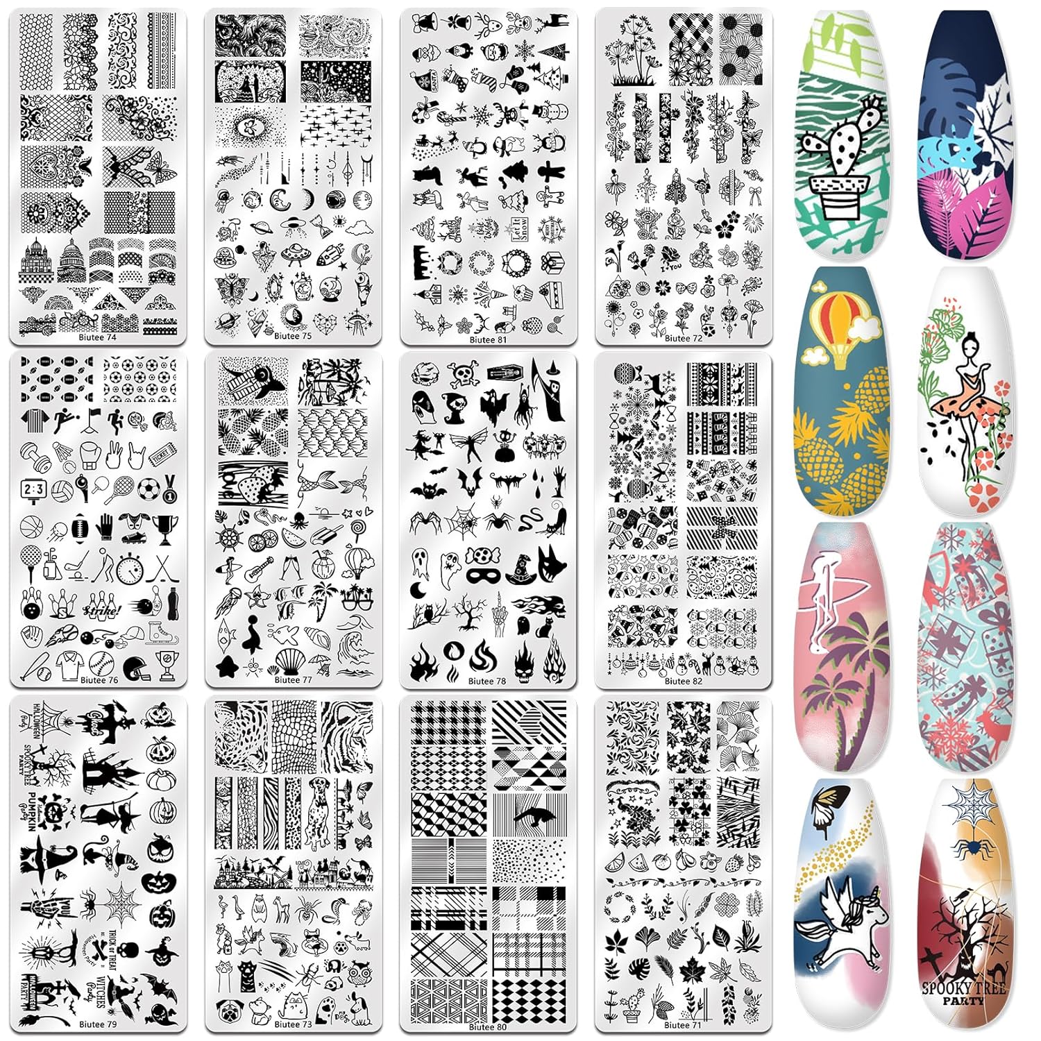 Biutee Nail Stamper Kit 22Pcs Gel Nail Stamping Kit 12Pcs Nail Stamping Plates 8Pcs Stamping Polish Gel, Silicone Stamper Scraper Flower Lace Star Stripe Holiday Stamp Template Gift for Women