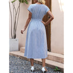 Anrabess Womens Summer Midi Dress Striped Casual Short Sleeve Crewneck Elastic Waist 2026 Flowy Long Beach Dress With Pockets