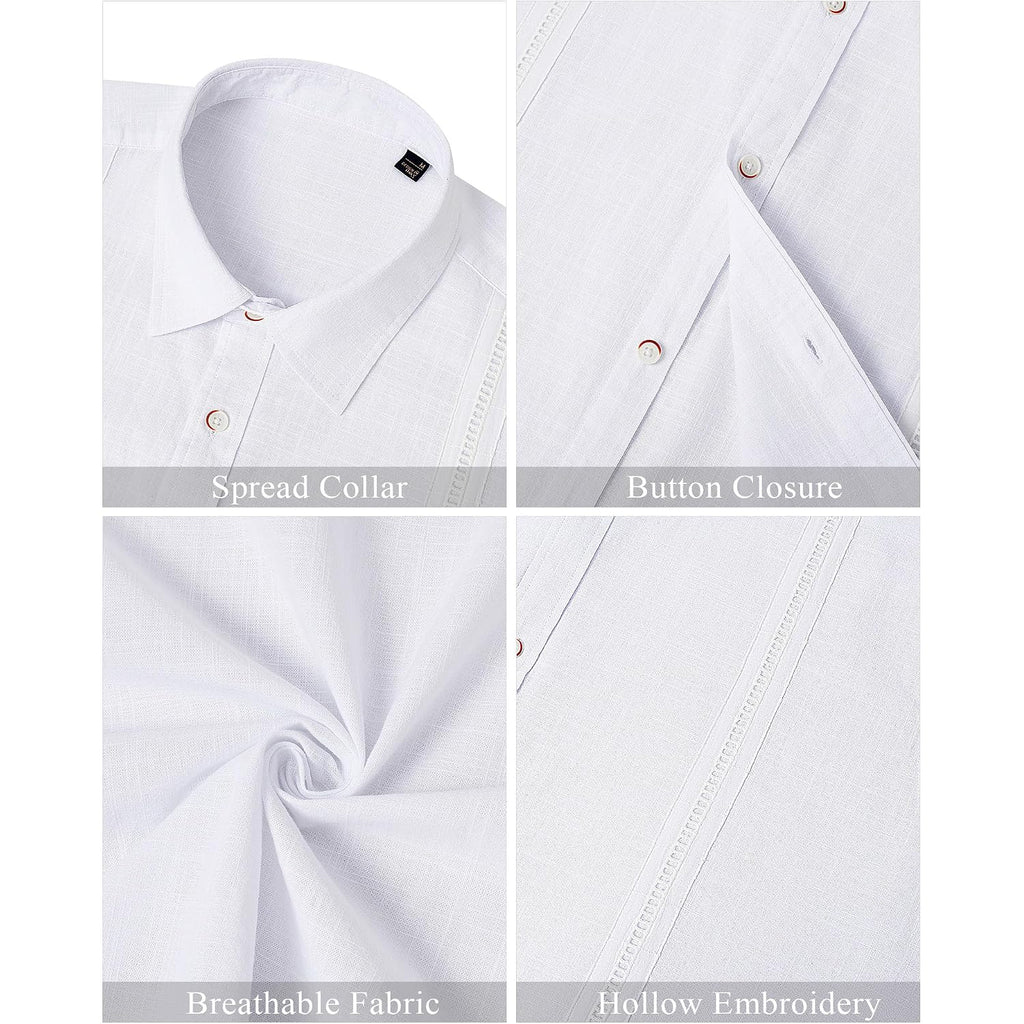 Mens Linen Shirts Short Sleeve Button Down Shirt Casual Cuban Guayabera Lightweight Summer Beach Solid Tops