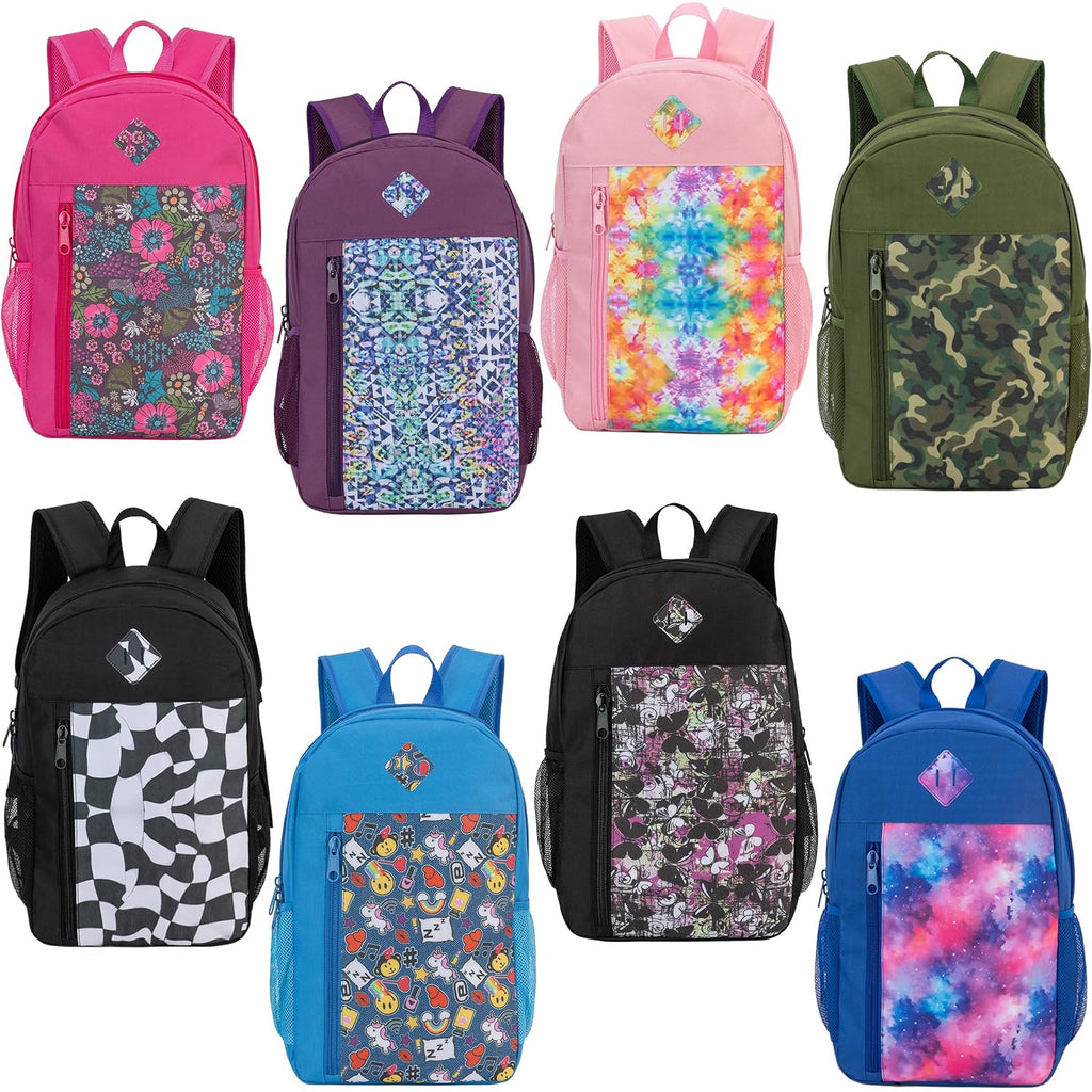 24 Pack 19" Bulk Padded Back Backpacks For Kids Bookbags, 8 Prints | Wholesale School Bags For Middle & High Students, 8 Assorted Prints, Heavy Duty Bags For Charity Giveaways & Supplies