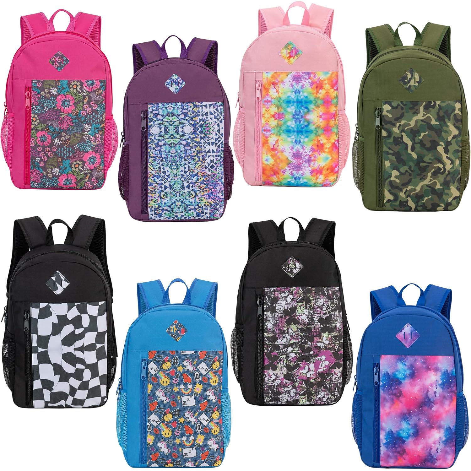 24 Pack 19" Bulk Padded Back Backpacks For Kids Bookbags, 8 Prints | Wholesale School Bags For Middle & High Students, 8 Assorted Prints, Heavy Duty Bags For Charity Giveaways & Supplies