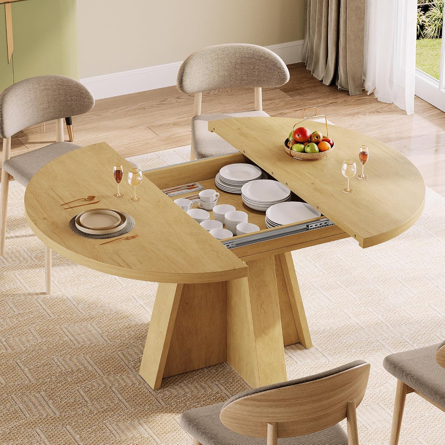 Ipormis 43.3In-59In Extendable Round Dining Table For 4-6, Modern Wooden Kitchen Table For Dining Room, Adjustable Size Oval Circle Dinner Tables Furniture For Kitchen Living Room, Natural