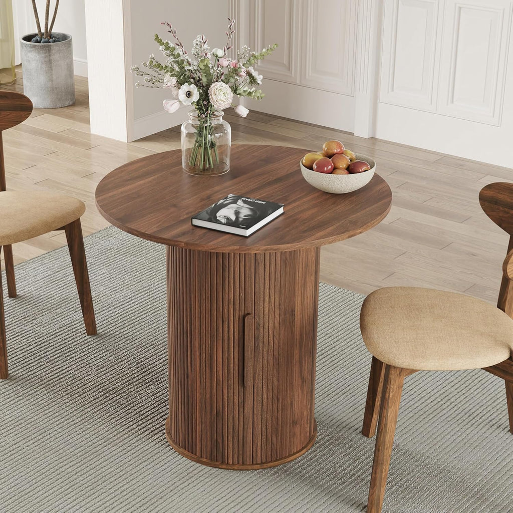 31.5" Round Dining Table For 2-4, Modern Farmhouse Kitchen Table With 2-Tier Storage Shelf, Small Wooden Circle Dining Tables With Fluted Base For Home Dining Room Living Room (Walnut)