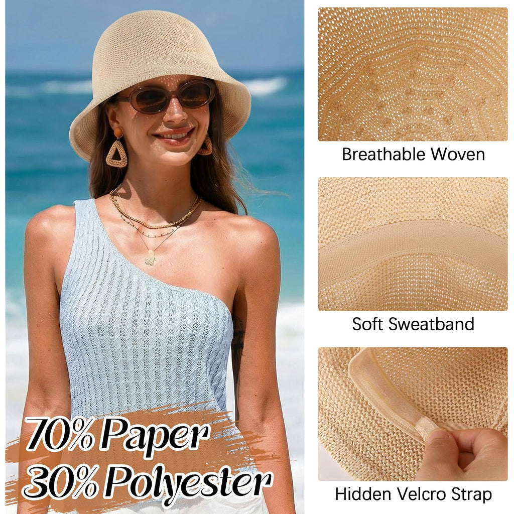 Mesh Woven Bucket Sun Hats For Women Floppy Wide Brim Beach Bucket Hat Foldable Lightweight Uv Protection Summer Cap