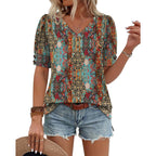 Ofeefan Womens Tops Short Sleeve Shirts Buttons V Neck Spring Fashion Summer Outfits Plus Size Blouses Dressy Casual