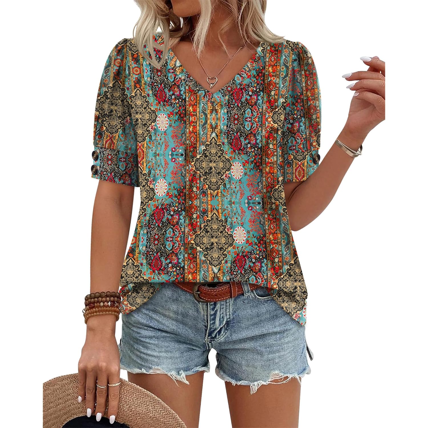 Womens Tops Short Sleeve Shirts Buttons V Neck Spring Fashion Summer Outfits Plus Size Blouses Dressy Casual