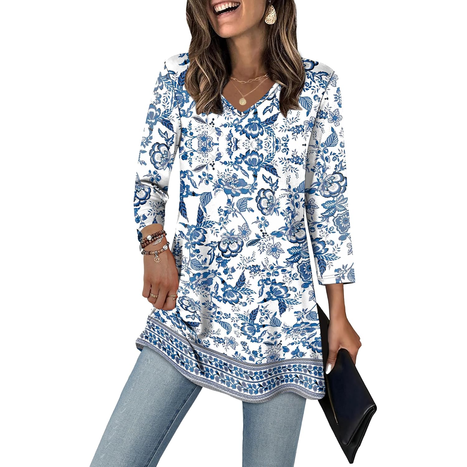3/4 Length Sleeve Womens Tops Dressy Casual Plus Size Tunics to Wear with Leggings