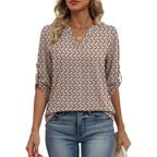 Xieerduo 3/4 Length Sleeve Womens Tops V Neck T Shirts Both Side Buttons Blouses Business Casual Outfits Loose Fit