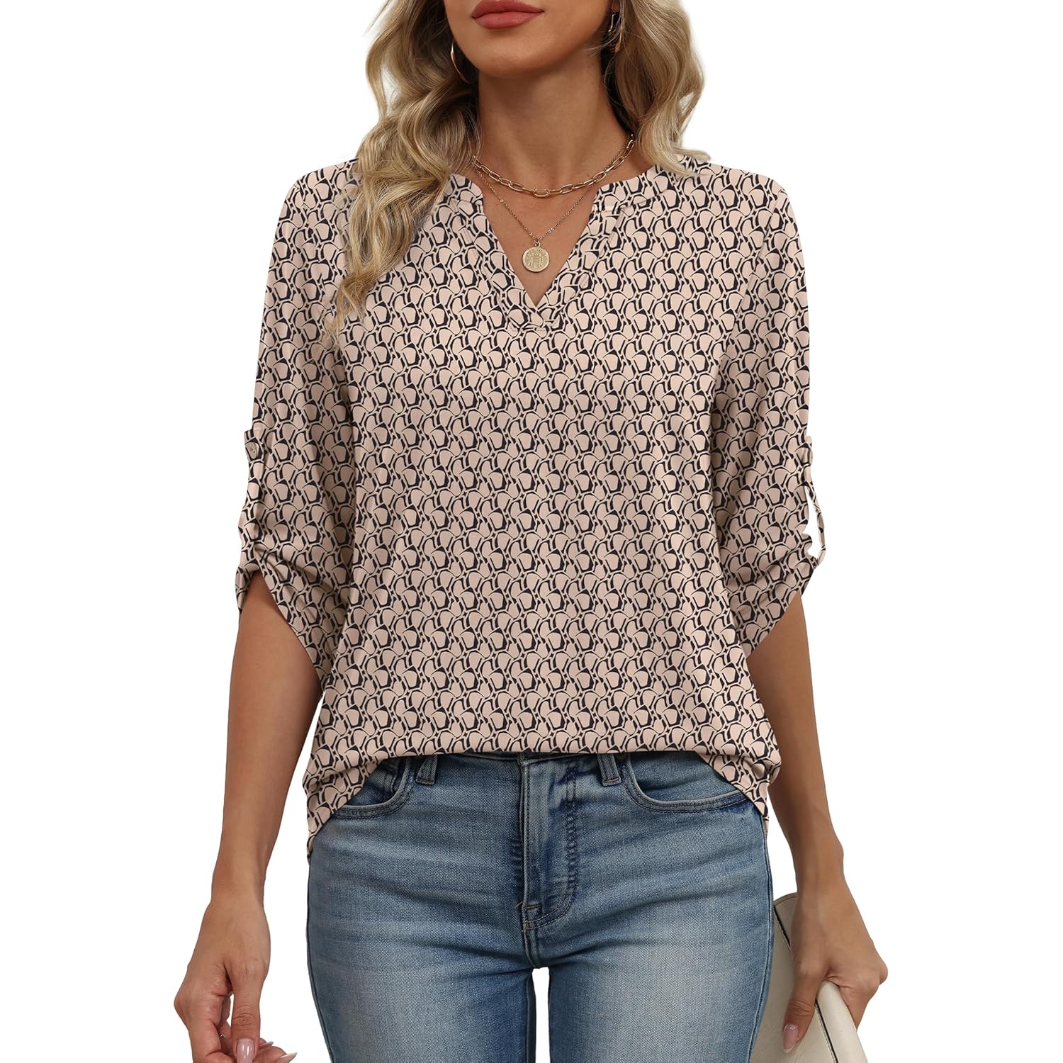 Xieerduo 3/4 Length Sleeve Womens Tops V Neck T Shirts Both Side Buttons Blouses Business Casual Outfits Loose Fit