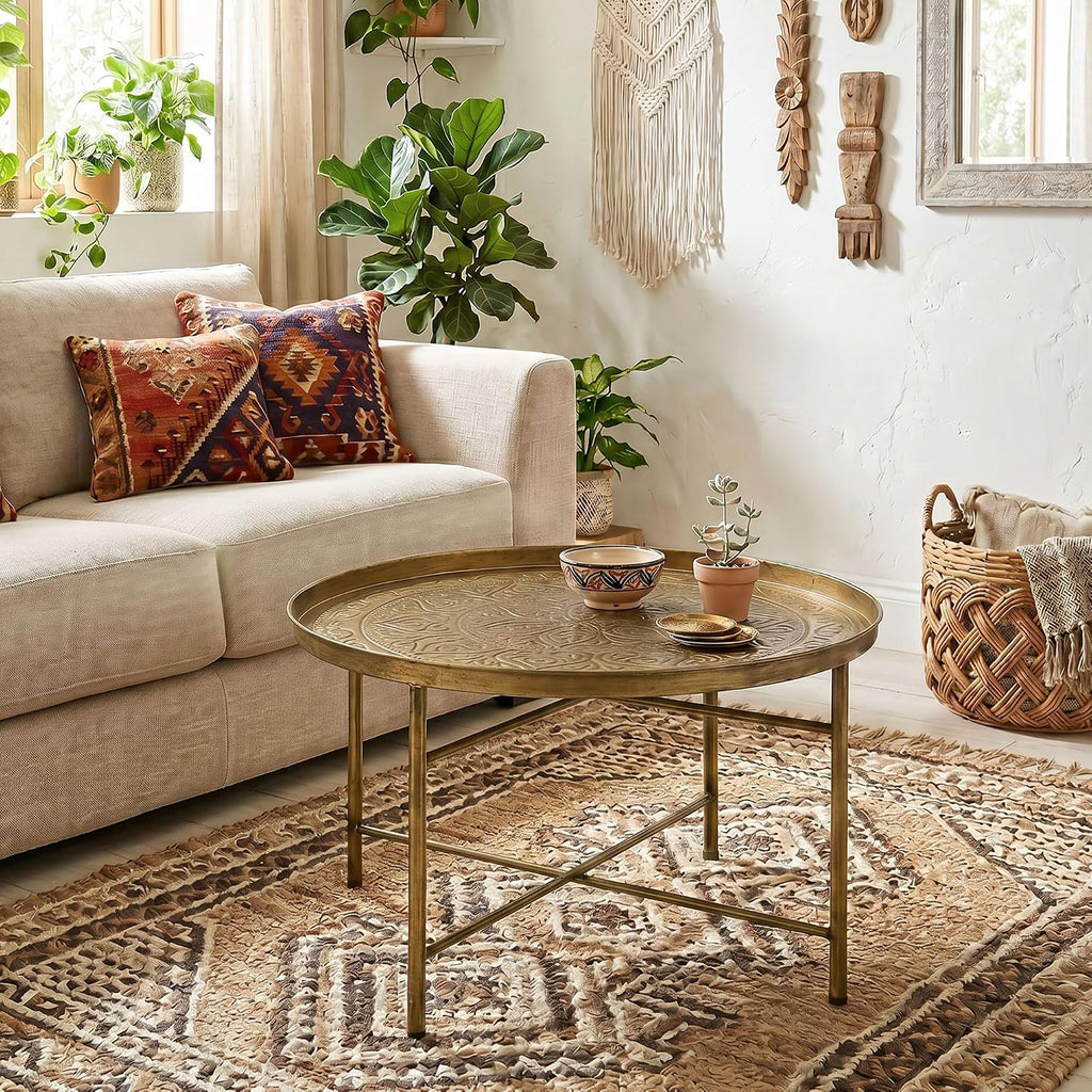 Homcom 24" Round Coffee Table With Hammered Tray Top, Vintage Metal Center Table For Living Room, Bedroom, Side Table, Gold