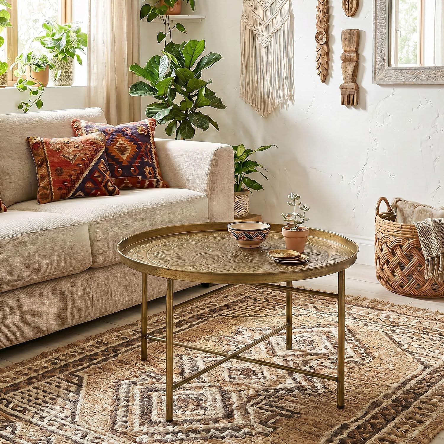 Homcom 24" Round Coffee Table With Hammered Tray Top, Vintage Metal Center Table For Living Room, Bedroom, Side Table, Gold