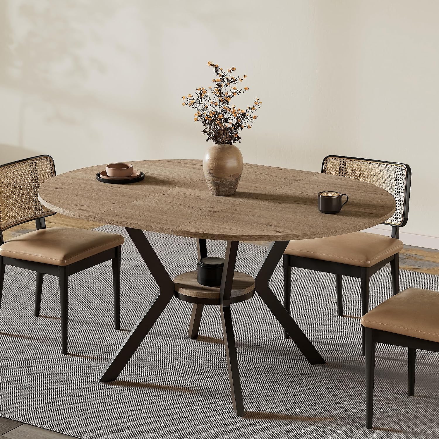 42"-58" Extendable Round Dining Table For 4-6, Kitchen Oval Table With Built-In Flip Leaf & Storage Shelf, Space Saving Modern Design With Sturdy Metal Legs For Kitchen, Living Room & Small Apartments