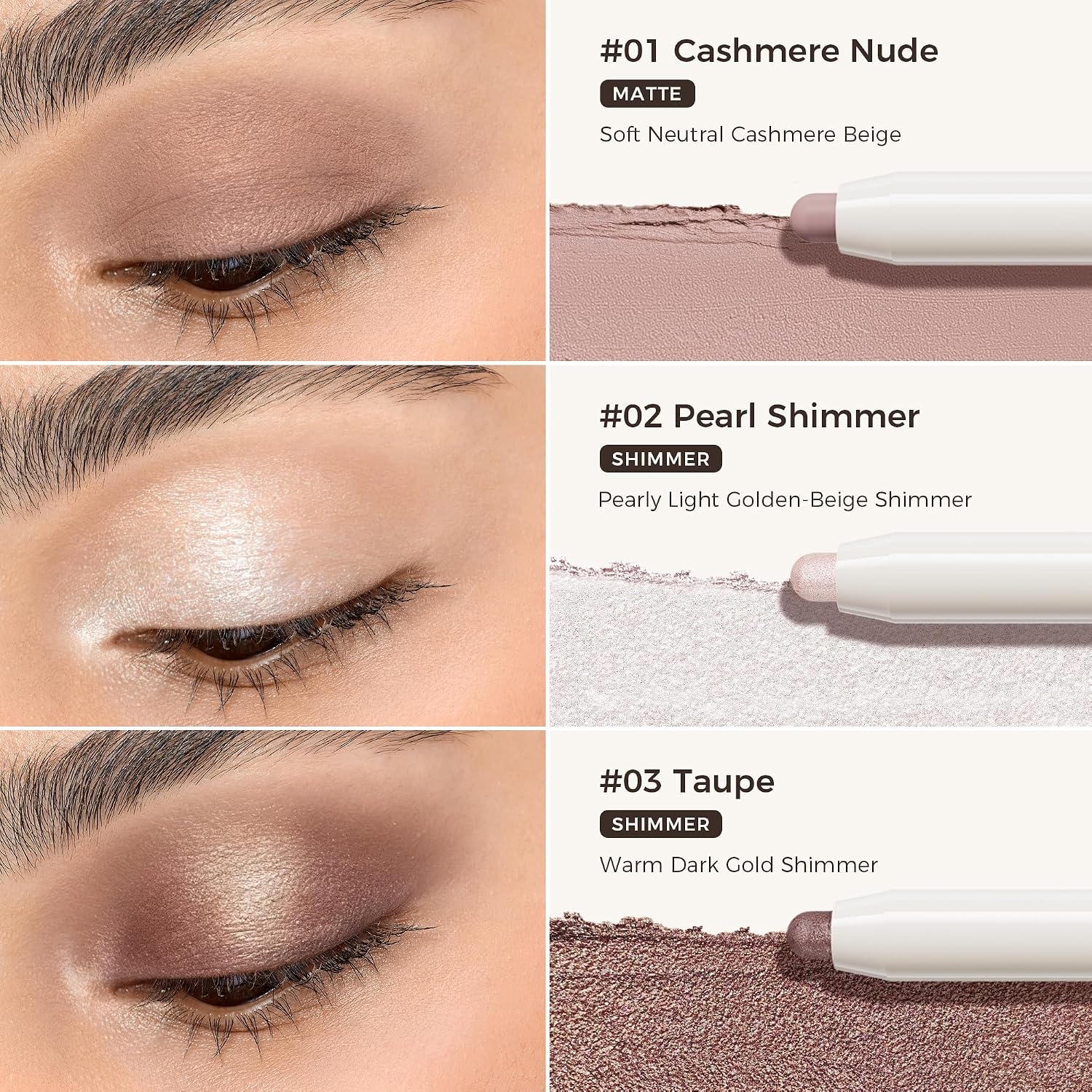Cream Eyeshadow Stick Set, 3 Neutral Matte & Shimmer Waterproof | 3 Neutral Shades With Matte Beige & Shimmer Finishes, Buildable Color For Full Natural Everyday Eye Looks, Easy To Blend