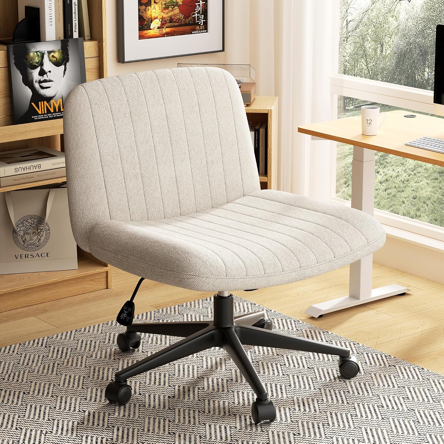 Cross Legged Office Chair, Armless Wide Chair'S For Vanity Desk, Criss Cross Comfy Chairs With Back, Desk Chair/S Of Height Adjustable Swivel, White