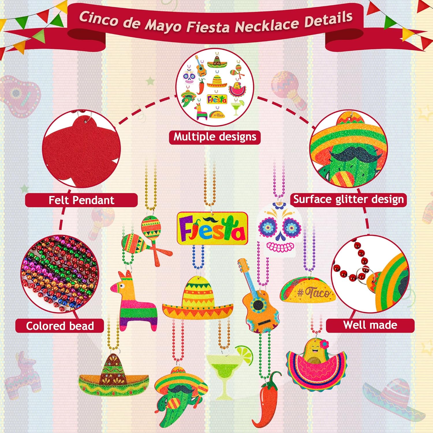 36PCS Cinco de Mayo Party Favors, Fiesta Bead Necklace Decorations, 12 Kinds of Metallic Fiesta Mexican Necklace Party Supplies, Fiesta Cactus Pinata Maracas Accessories for Cinco de Mayo Party Favors