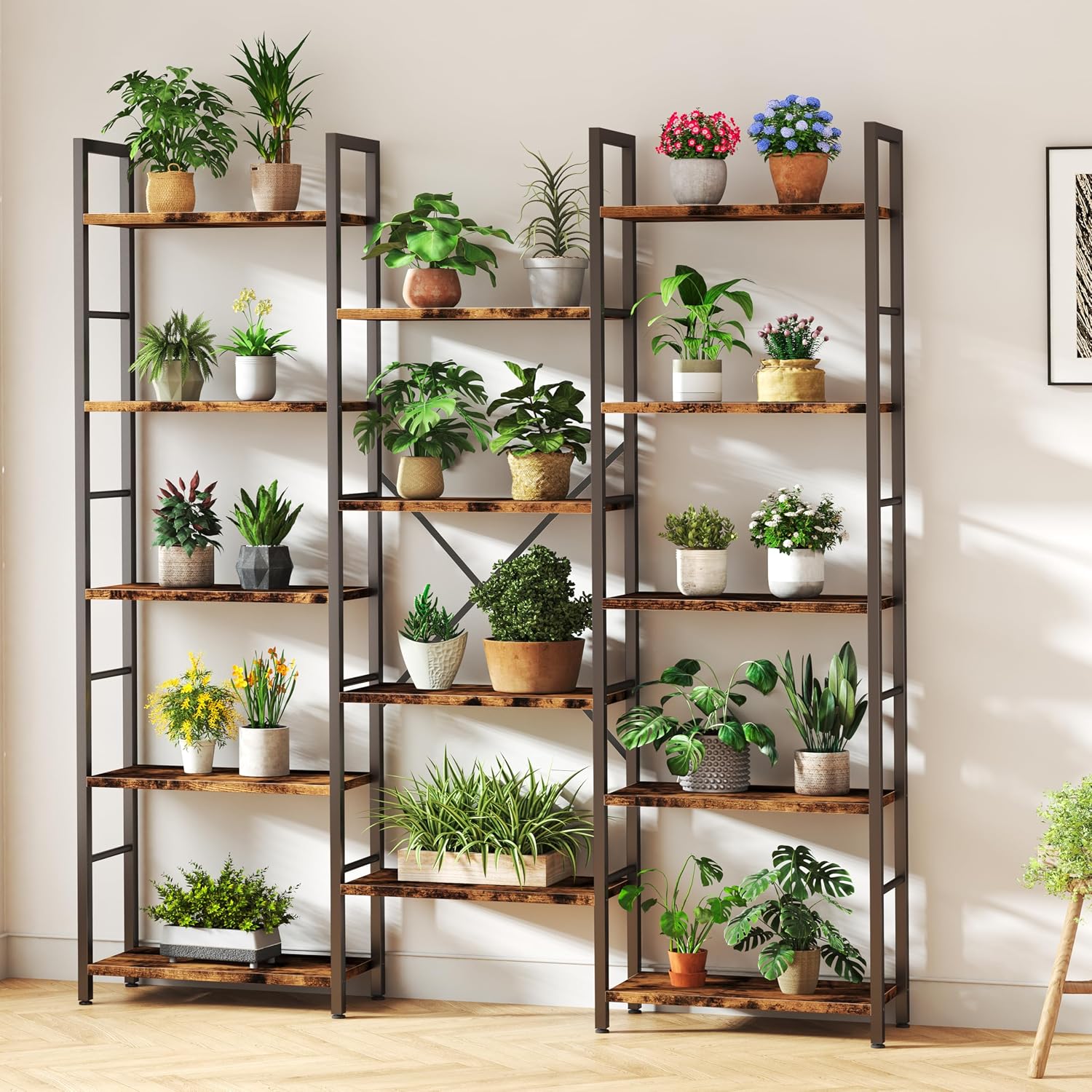 Shintenchi Triple Column 5 Tier Bookshelf, Industrial Large Bookcase Display Shelves, Large Etagere Bookshelf,Wide Book Shelf Book Case For Home & Office, Rustic Brown